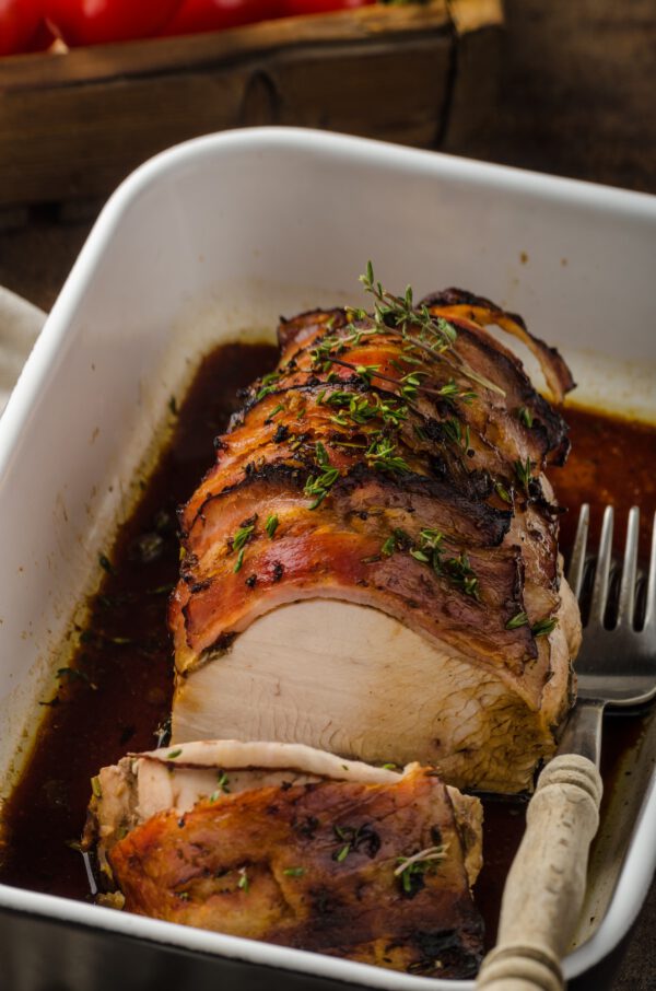Roast turkey with herbs and bacon
